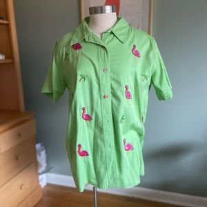 Flamingo embroidered green colored button shirt Quacker factory large green pink